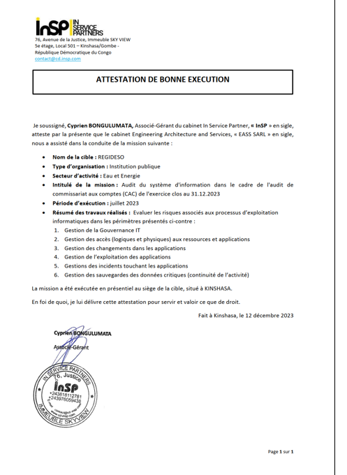 Attestation REGIDESO